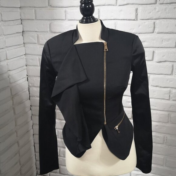 bebe Ladies Black Size 2 Off Set Zipper Tab Collar Lined & Fitted Tuxedo Jacket - Picture 1 of 14